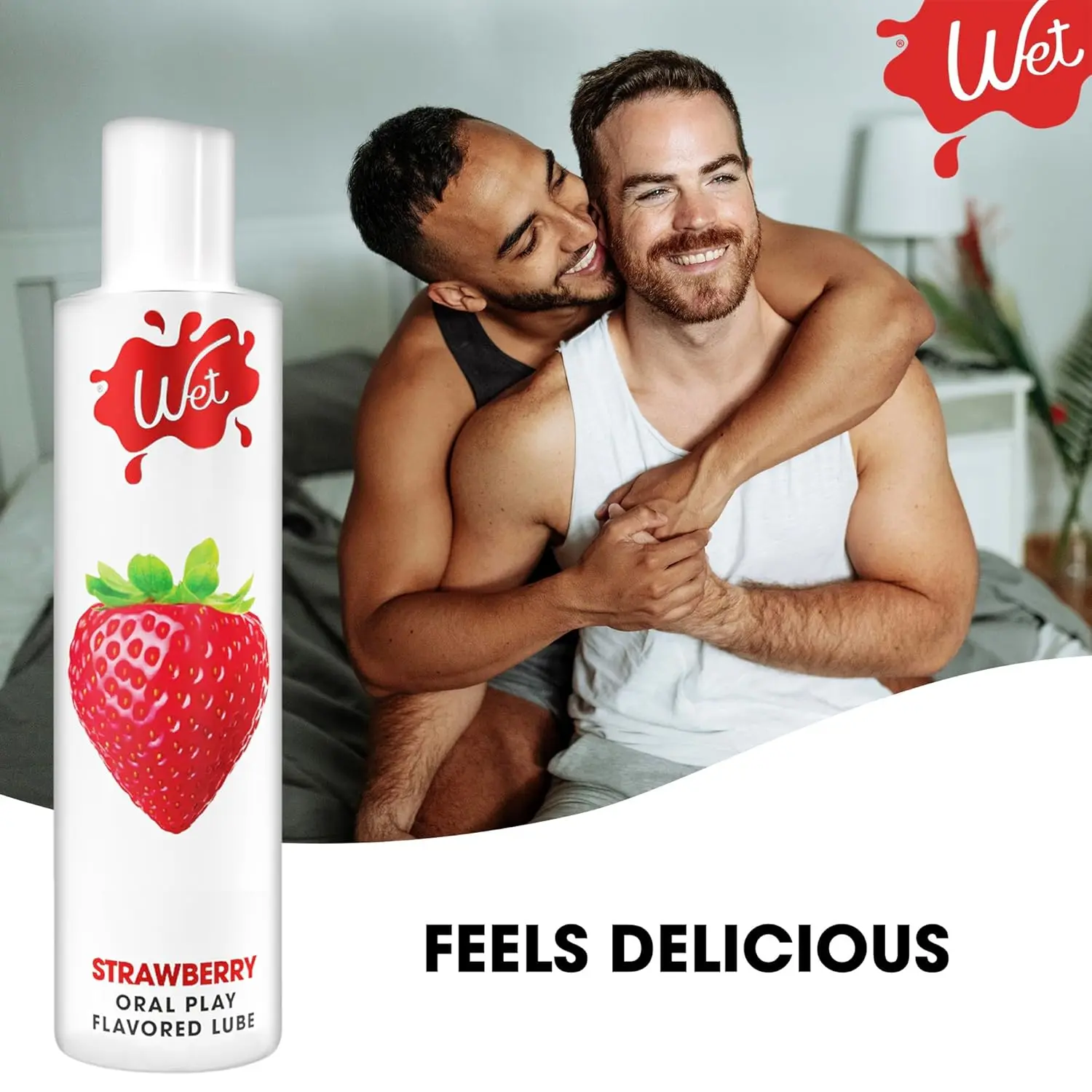 A bottle of Wet strawberry flavored lube that is paraben-free, gluten-free, and sugar-free for enjoyable oral play.