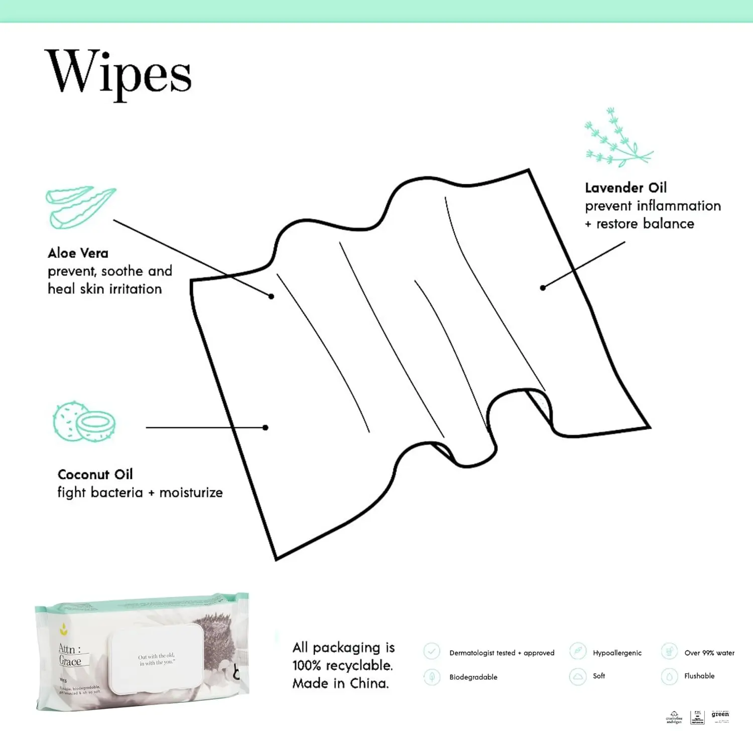 ATTN: Grace flushable wet wipes gently cleanse and soothe sensitive skin with aloe vera and coconut oil, leaving you feeling fresh and clean.