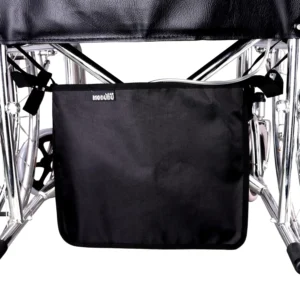 Black wheelchair catheter bag holder under basket securely attaches to wheelchairs and provides a safe and discreet way to carry urine drainage bags.