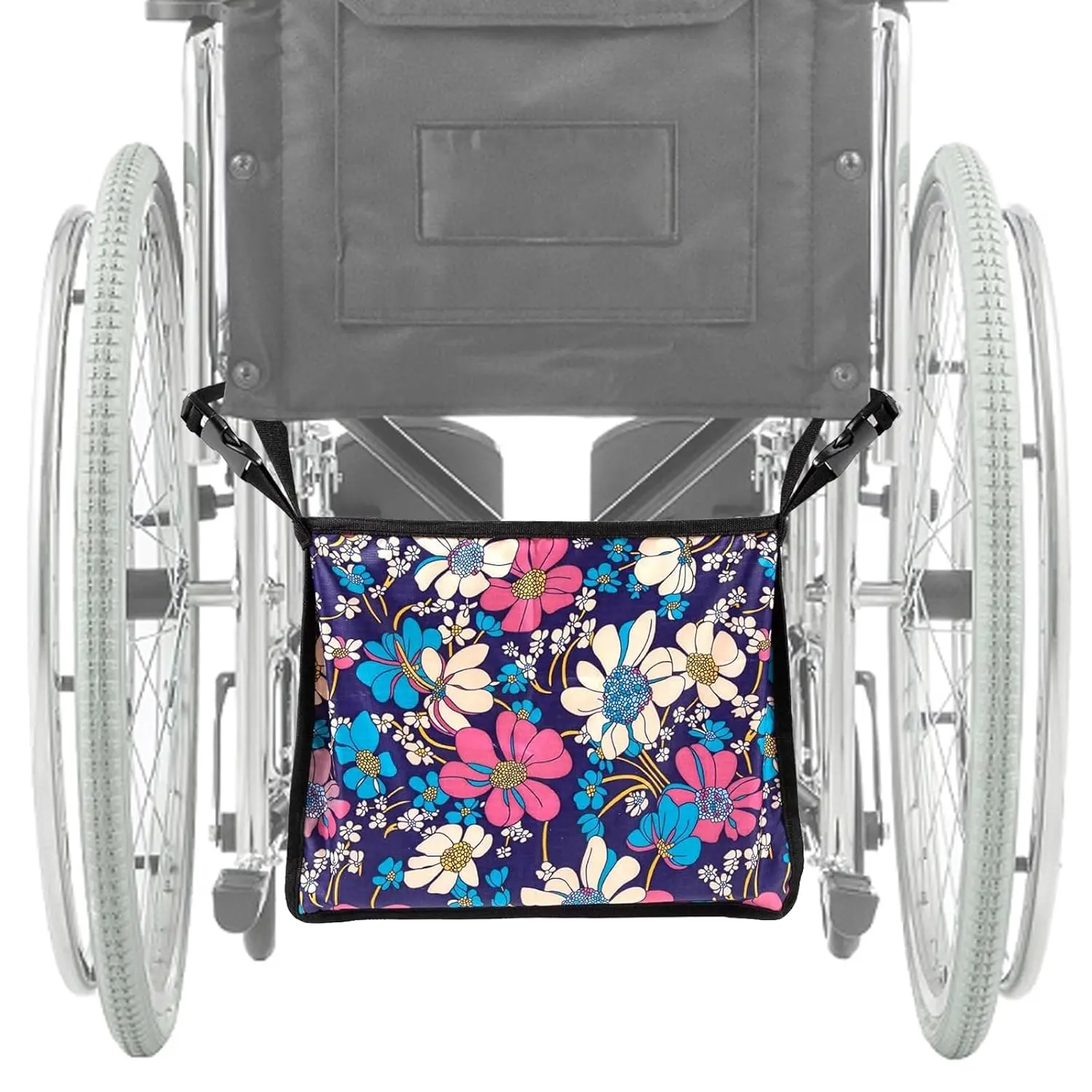 A dignified oxford cloth wheelchair catheter bag hangs securely under the wheelchair, concealing the urine drainage bag and providing safe storage for tubing.
