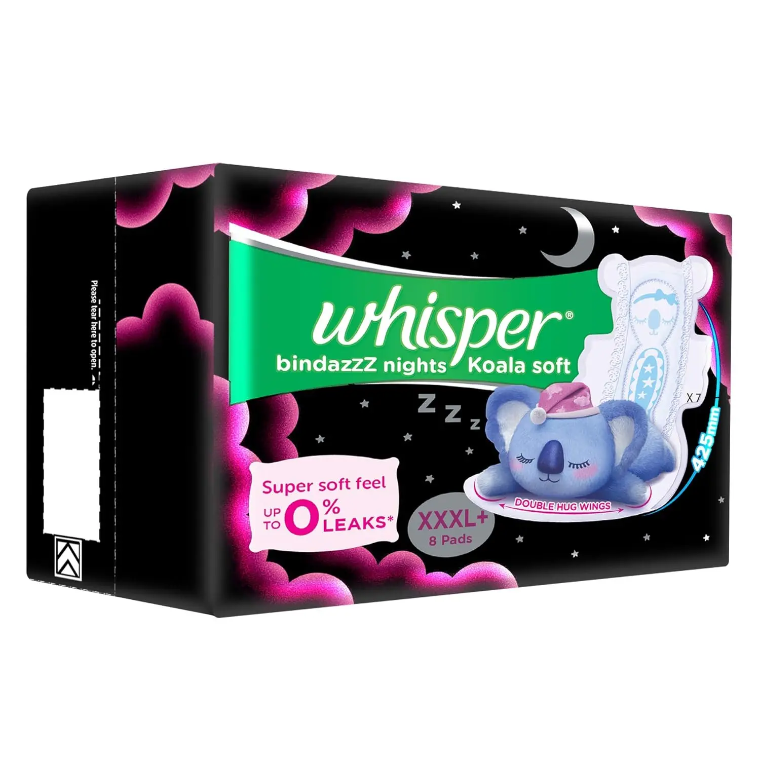 Whisper Bindazzz Nights Koala Soft XXXL+ sanitary pads with extra-long and wide back for leakproof overnight protection and a super-soft top cover.