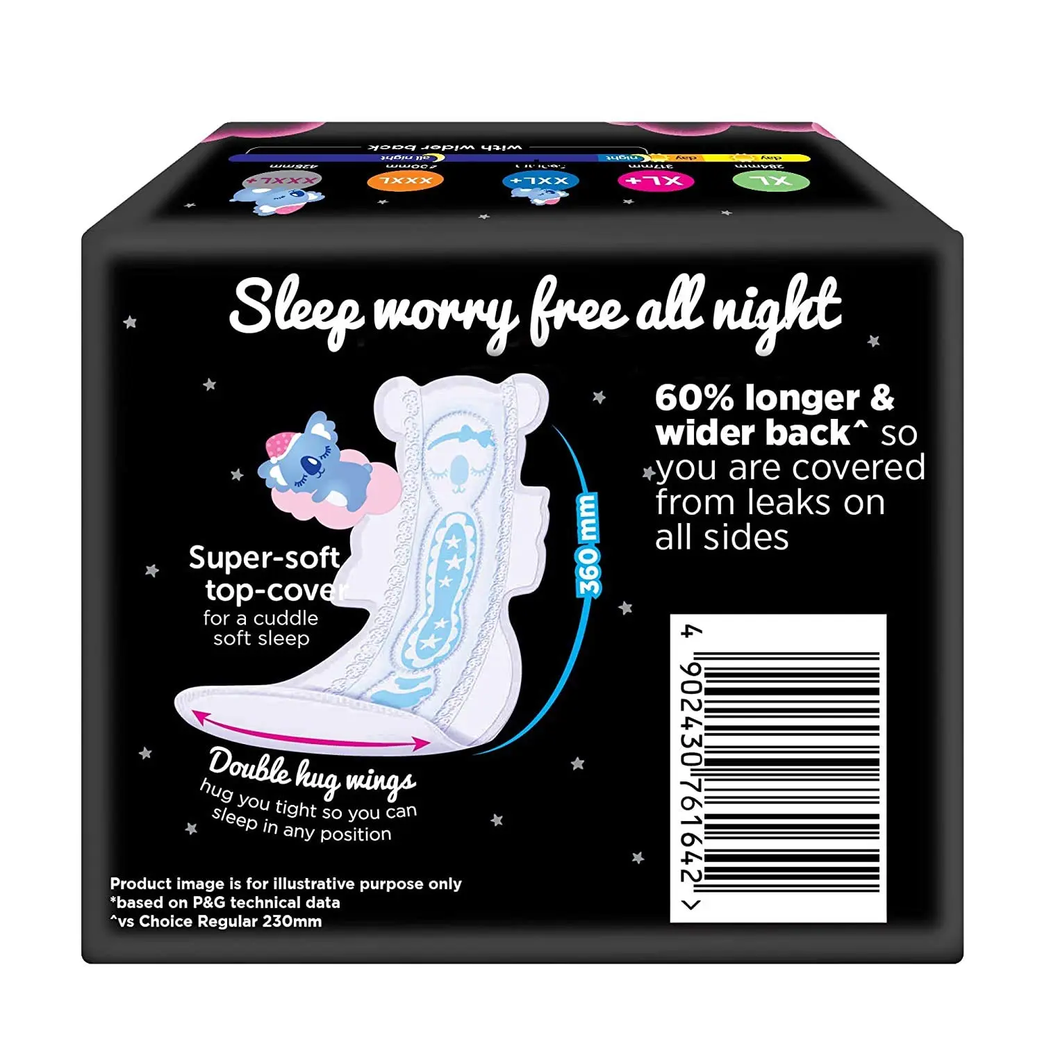 Whisper Bindazzz Nights Koala Soft XXXL+ sanitary pads with extra-long and wide back for leakproof overnight protection and a super-soft top cover.