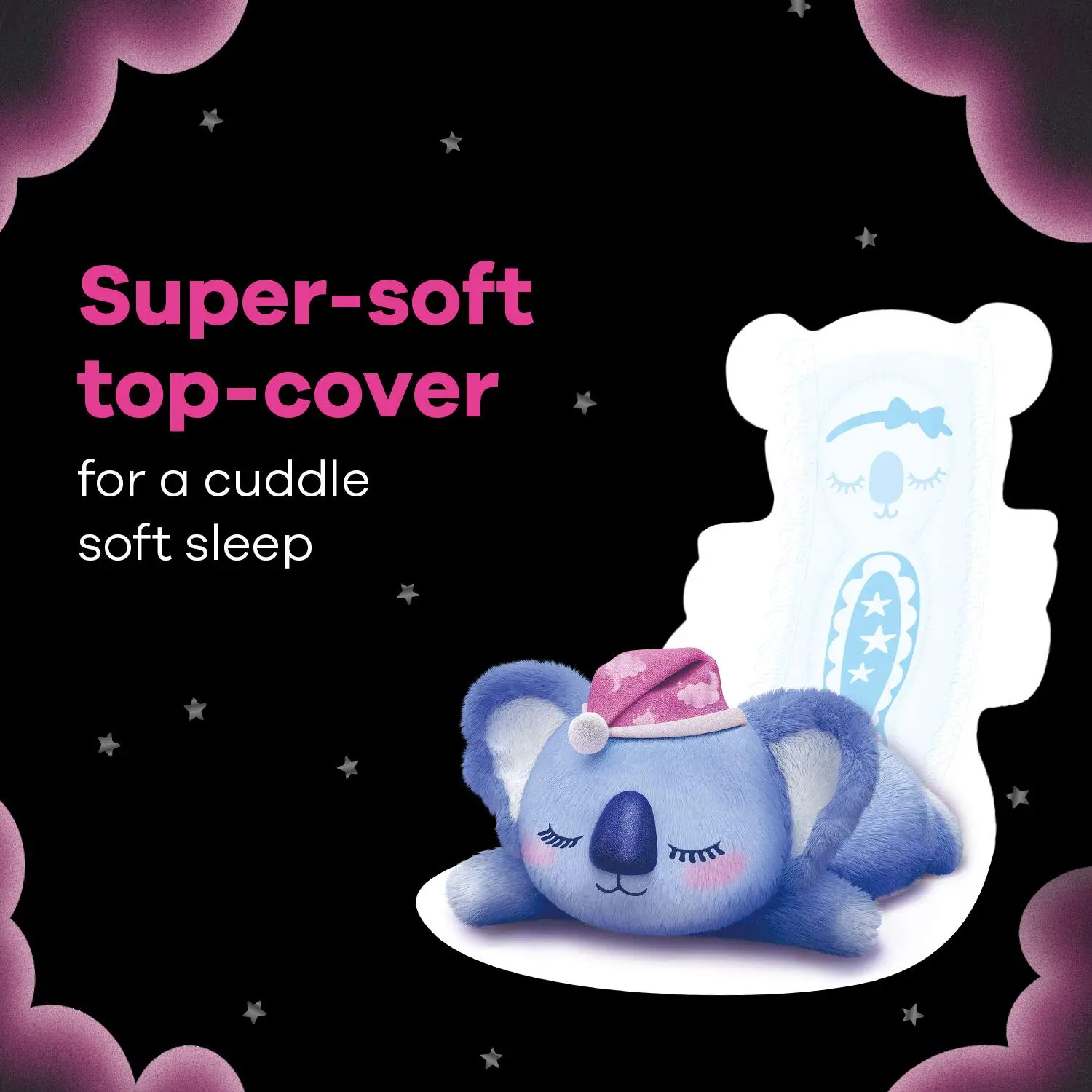 Whisper Bindazzz Nights Koala Soft XXXL+ sanitary pads with extra-long and wide back for leakproof overnight protection and a super-soft top cover.