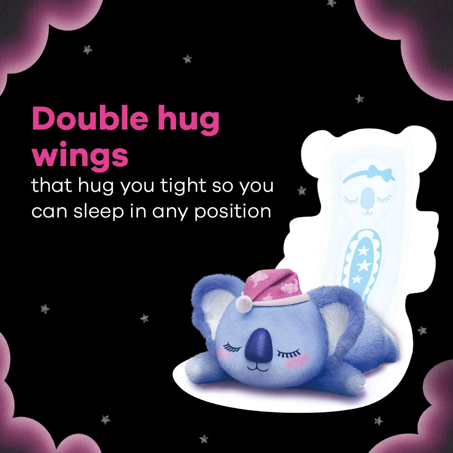 Whisper Bindazzz Nights Koala Soft XXXL+ sanitary pads with extra-long and wide back for leakproof overnight protection and a super-soft top cover.