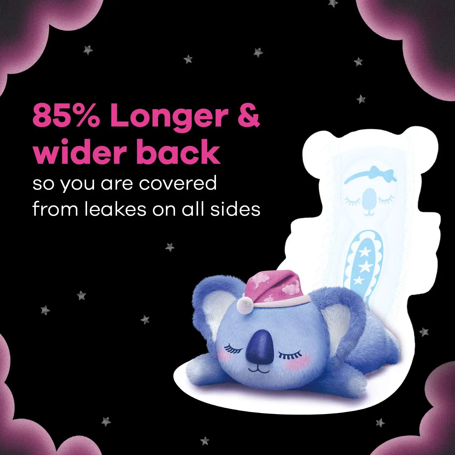 Whisper Bindazzz Nights Koala Soft XXXL+ sanitary pads with extra-long and wide back for leakproof overnight protection and a super-soft top cover.