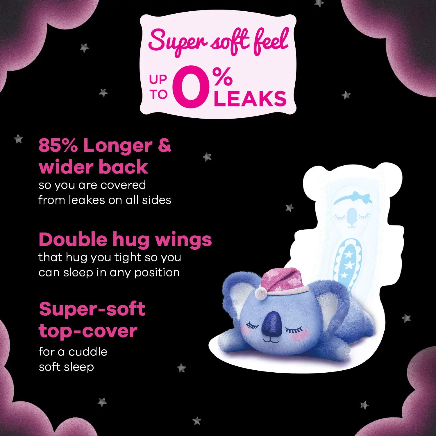 Whisper Bindazzz Nights Koala Soft XXXL+ sanitary pads with extra-long and wide back for leakproof overnight protection and a super-soft top cover.