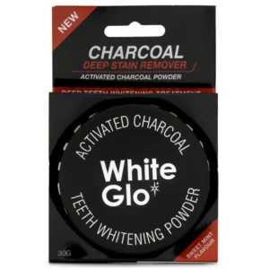 White Glo Activated Charcoal teeth polishing powder for whitening, weighing 30 grams.