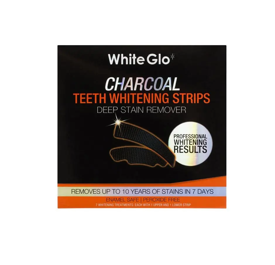 White Glo charcoal teeth whitening strips effectively remove coffee, wine, and smoking stains, revealing a noticeably whiter smile in just 7 days with comfortable, non-slip strips perfect for sensitive teeth.