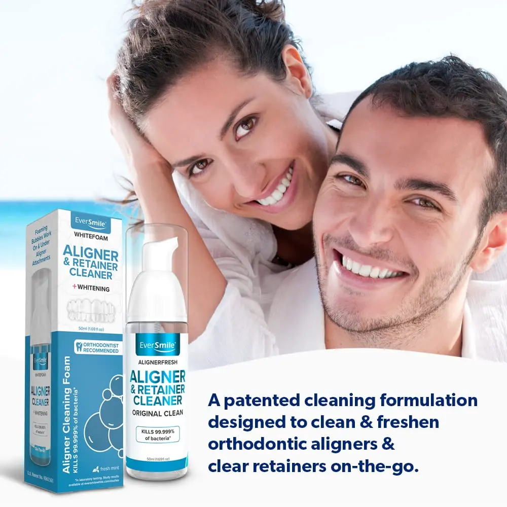 EverSmile WhiteFoam cleaner freshens breath, whitens teeth, and cleans clear retainers like Invisalign without soaking or rinsing.