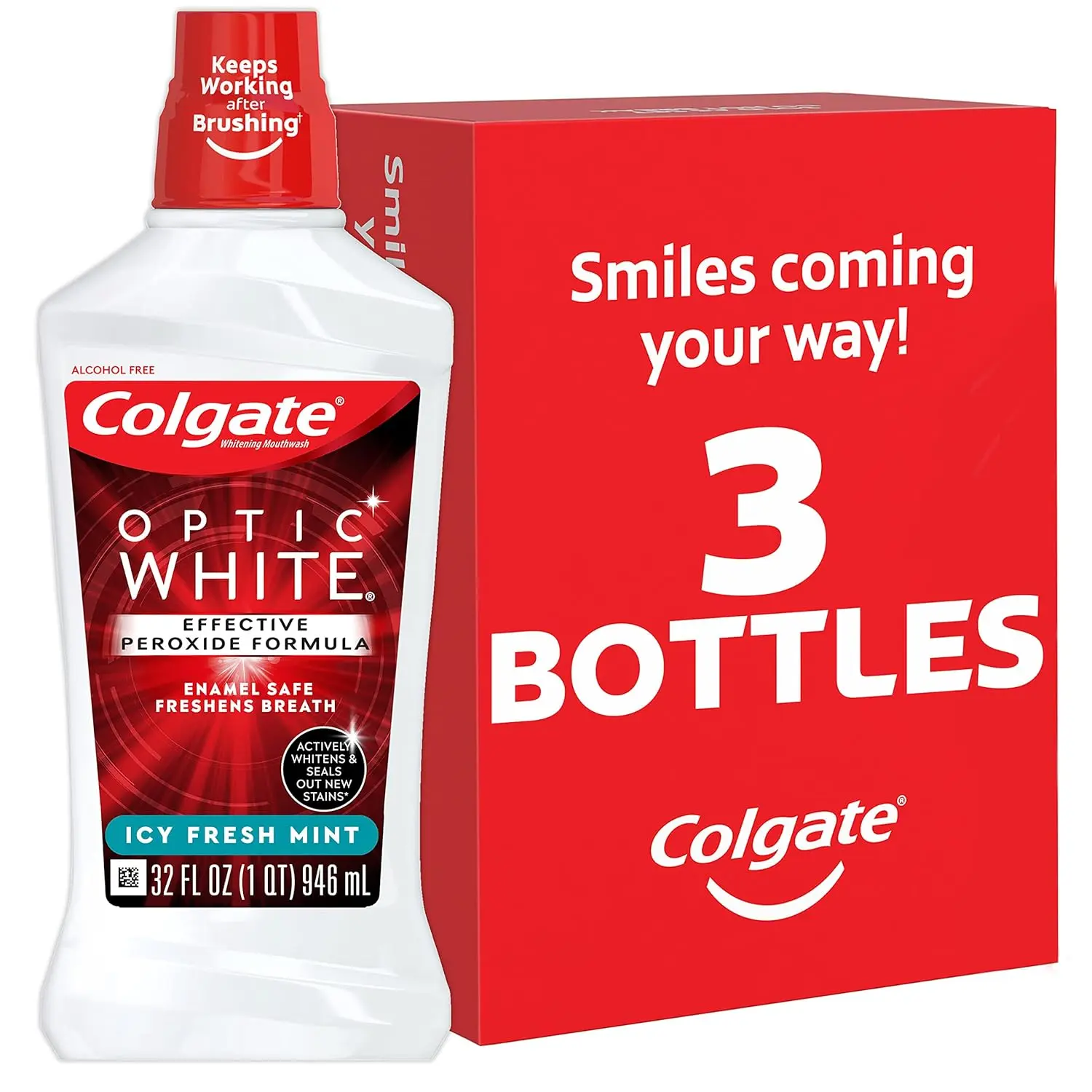 Three bottles of Colgate Optic White mouthwash featuring a 2% hydrogen peroxide formula to actively whiten teeth, prevent future stains with WhiteSeal technology, and kill bad breath germs, all in an alcohol-free, fresh mint formula.