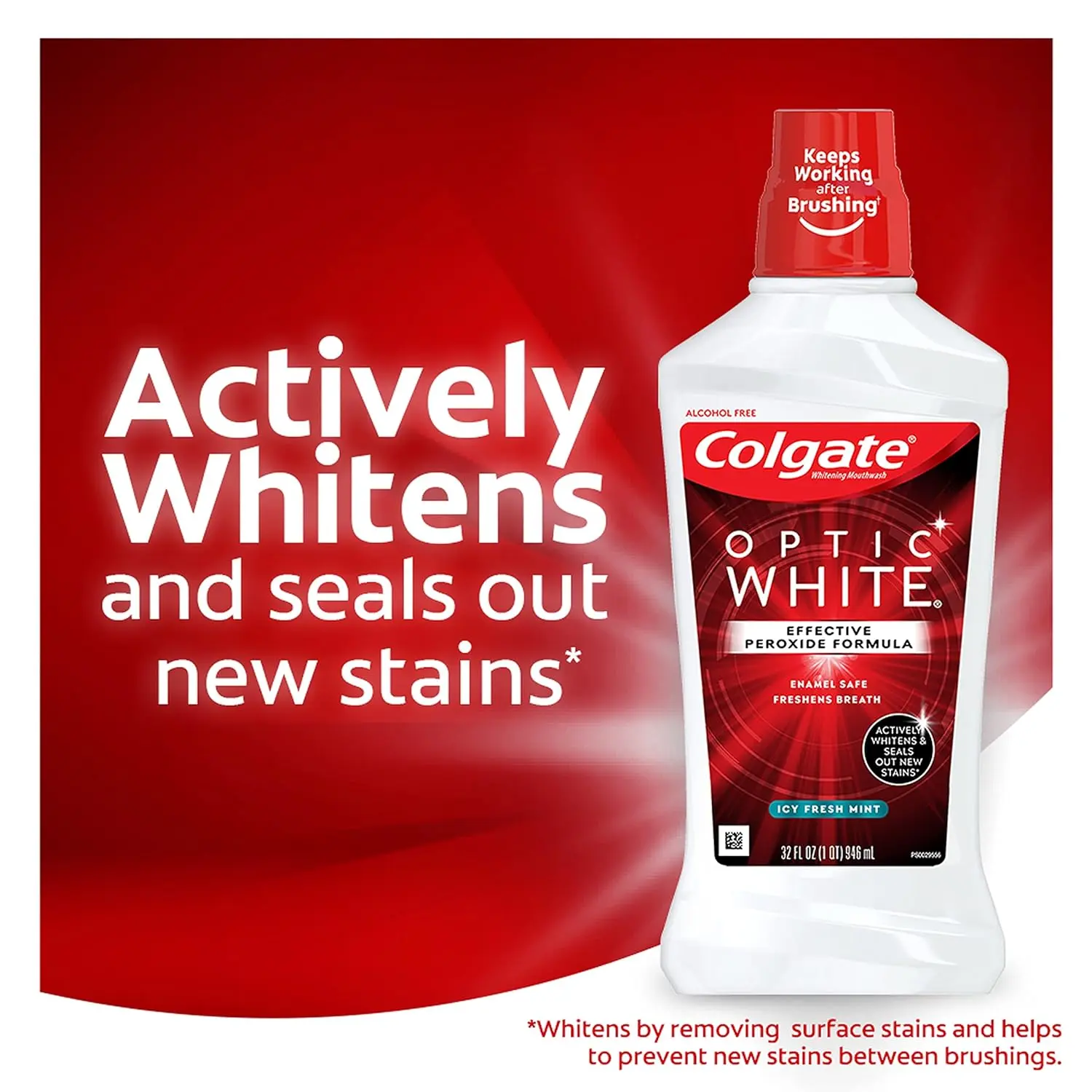 Three bottles of Colgate Optic White mouthwash featuring a 2% hydrogen peroxide formula to actively whiten teeth, prevent future stains with WhiteSeal technology, and kill bad breath germs, all in an alcohol-free, fresh mint formula.