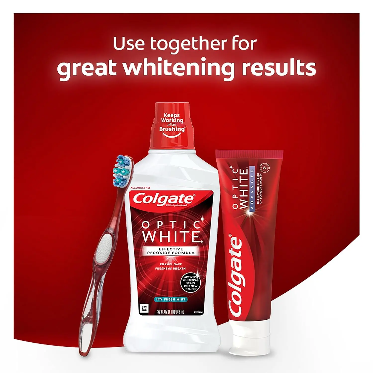 Three bottles of Colgate Optic White mouthwash featuring a 2% hydrogen peroxide formula to actively whiten teeth, prevent future stains with WhiteSeal technology, and kill bad breath germs, all in an alcohol-free, fresh mint formula.