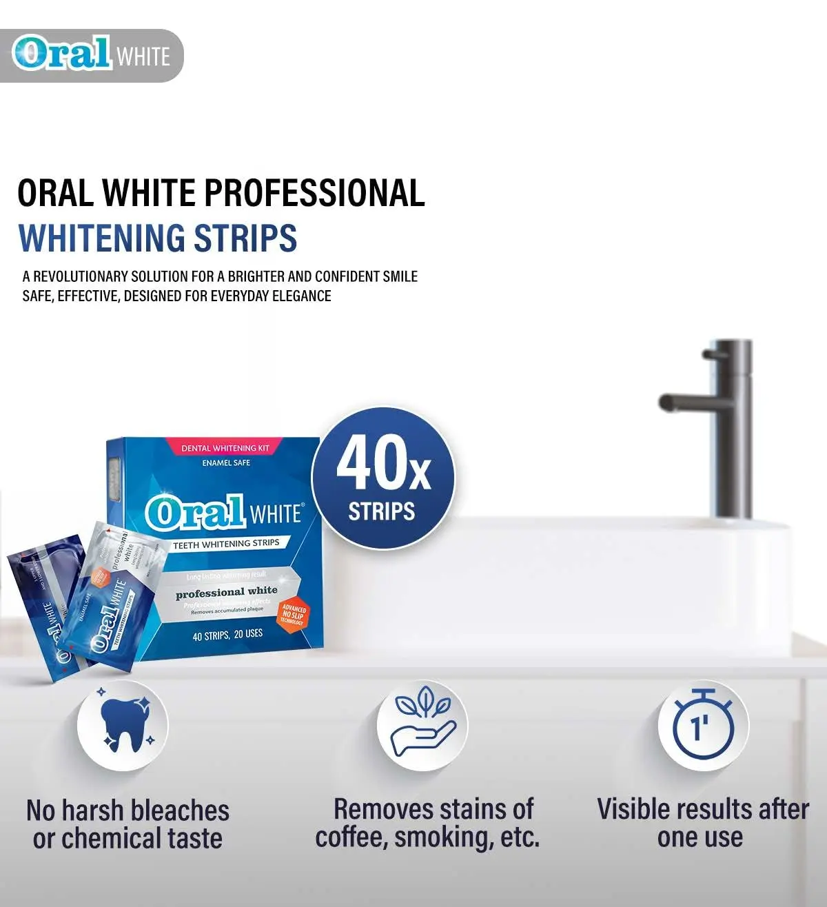 This image shows professional whitening strips for home use, designed to provide a brighter, more radiant smile with a refreshing mint flavor and anti-slip technology.