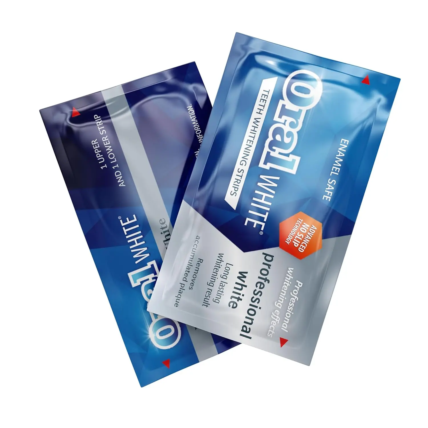 This image shows professional whitening strips for home use, designed to provide a brighter, more radiant smile with a refreshing mint flavor and anti-slip technology.