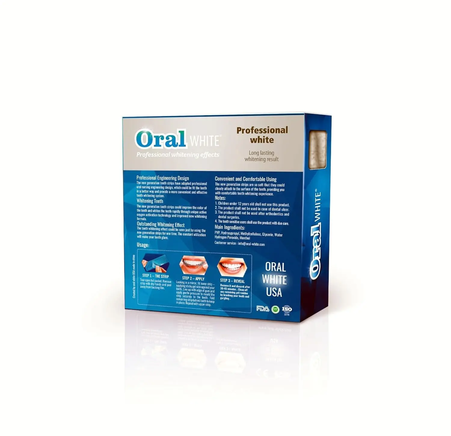 This image shows professional whitening strips for home use, designed to provide a brighter, more radiant smile with a refreshing mint flavor and anti-slip technology.