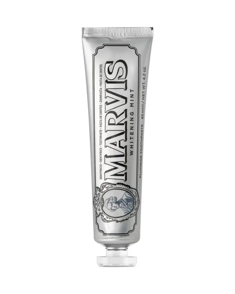 A tube of Marvis Whitening Mint Toothpaste helps prevent tooth decay, fights tartar and plaque, and keeps breath fresh.