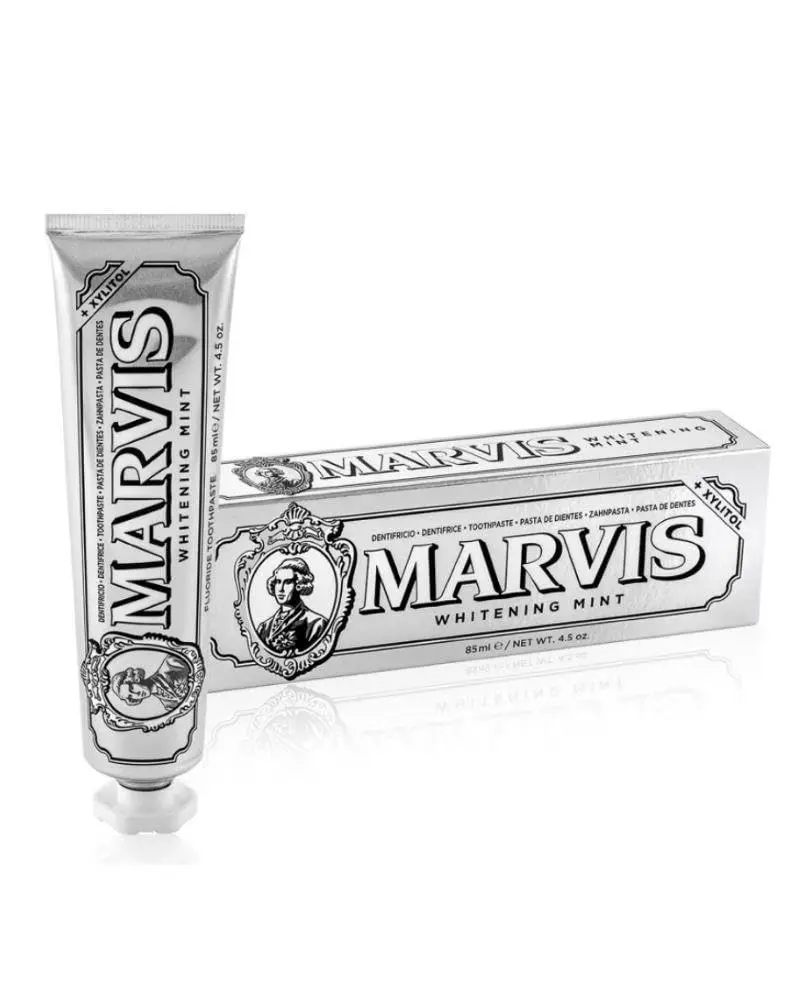 A tube of Marvis Whitening Mint Toothpaste helps prevent tooth decay, fights tartar and plaque, and keeps breath fresh.