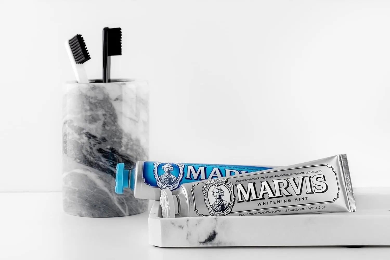 A tube of Marvis Whitening Mint Toothpaste helps prevent tooth decay, fights tartar and plaque, and keeps breath fresh.