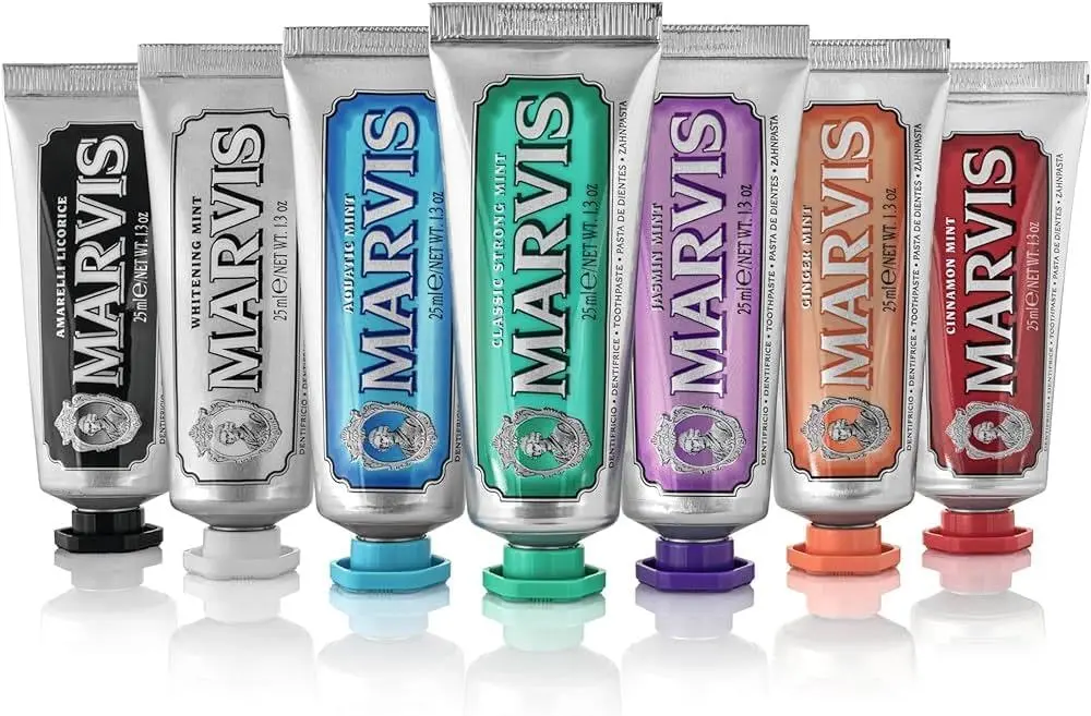 A tube of Marvis Whitening Mint Toothpaste helps prevent tooth decay, fights tartar and plaque, and keeps breath fresh.