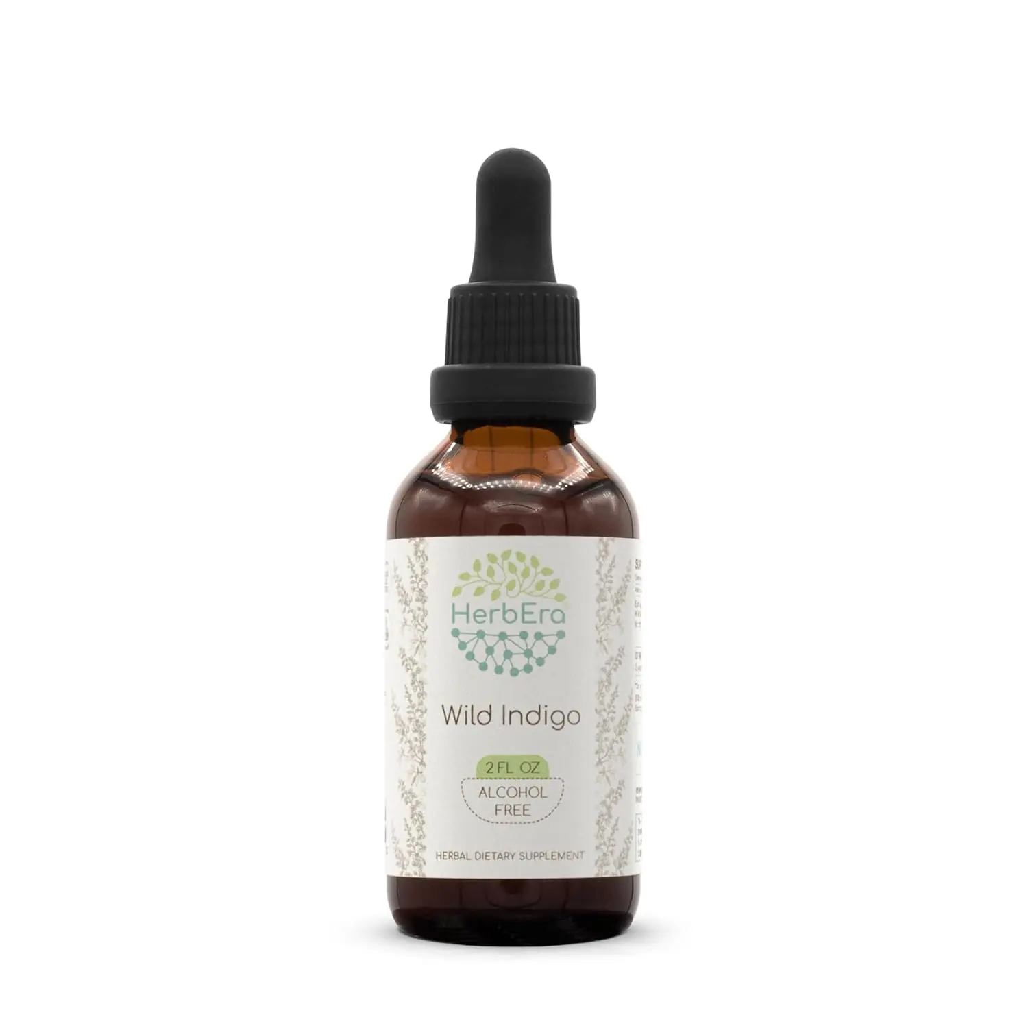 This is an image of HerbEra Wild Indigo Root Extract, a natural tincture made from wildcrafted Baptisia tinctoria dried root, carefully crafted and tested in the USA.