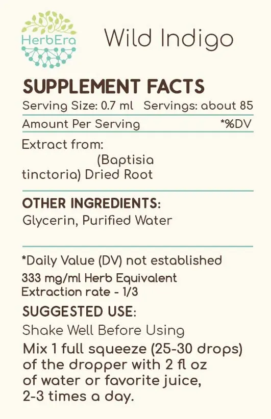 This is an image of HerbEra Wild Indigo Root Extract, a natural tincture made from wildcrafted Baptisia tinctoria dried root, carefully crafted and tested in the USA.
