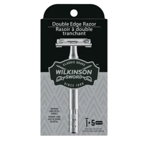 The Wilkinson Sword double edge safety razor for men has a long metal handle and comes with five blade refills.