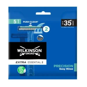 This image shows a pack of five Wilkinson Sword Extra 2 disposable razors featuring two ultra-thin blades for a precise and comfortable shave, especially ideal for sensitive skin and detailed grooming.
