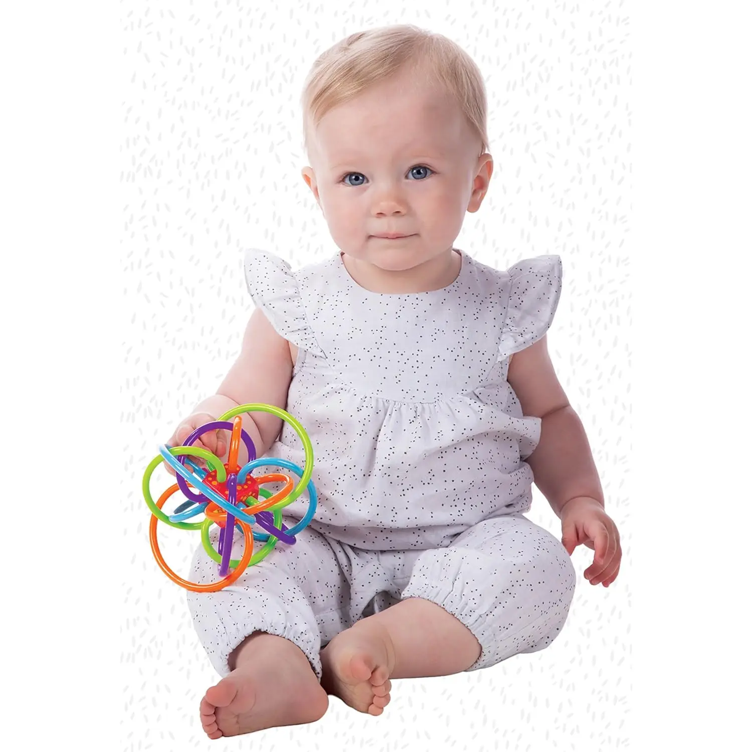 The Winkel rattle and sensory teether toy features colorful, soft tubes perfect for soothing teething babies and developing motor skills.
