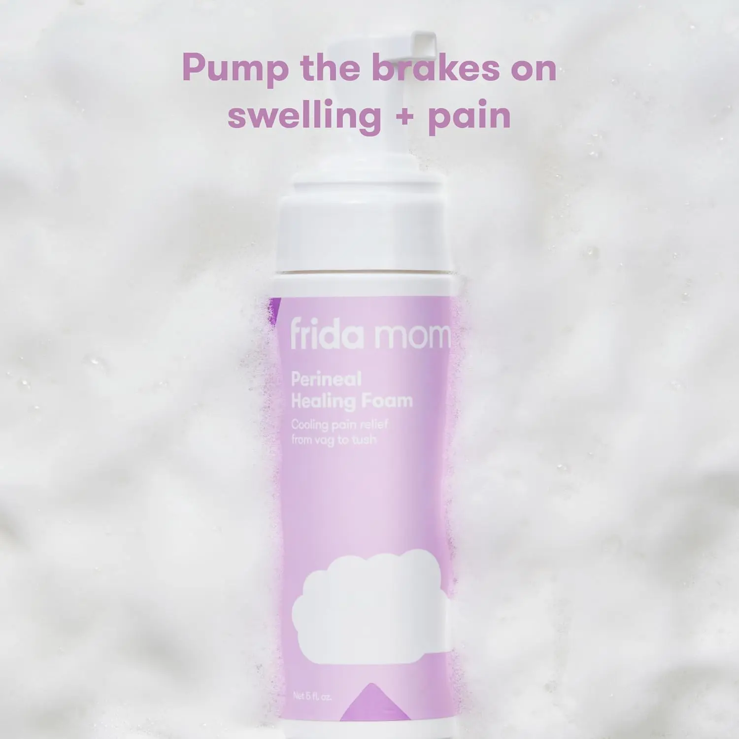 Frida Mom Witch Hazel Perineal Healing Foam provides cooling pain relief and hemorrhoid treatment after birth.