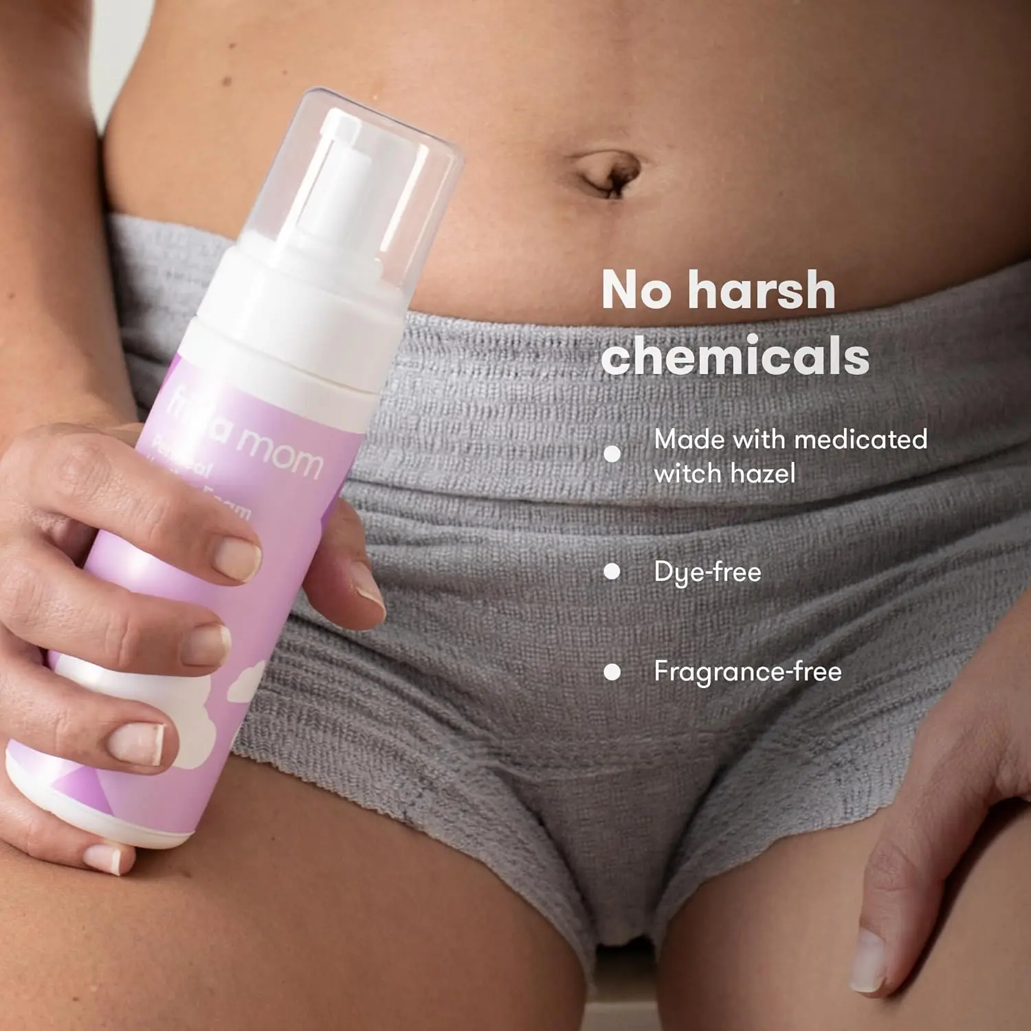 Frida Mom Witch Hazel Perineal Healing Foam provides cooling pain relief and hemorrhoid treatment after birth.