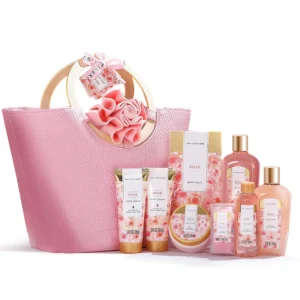 This 10-piece rose spa gift set for women is the perfect birthday gift, featuring sunflower and rose oil infused skincare items including bath bombs, lotion, and shower gel, all packaged in a high-value tote bag.