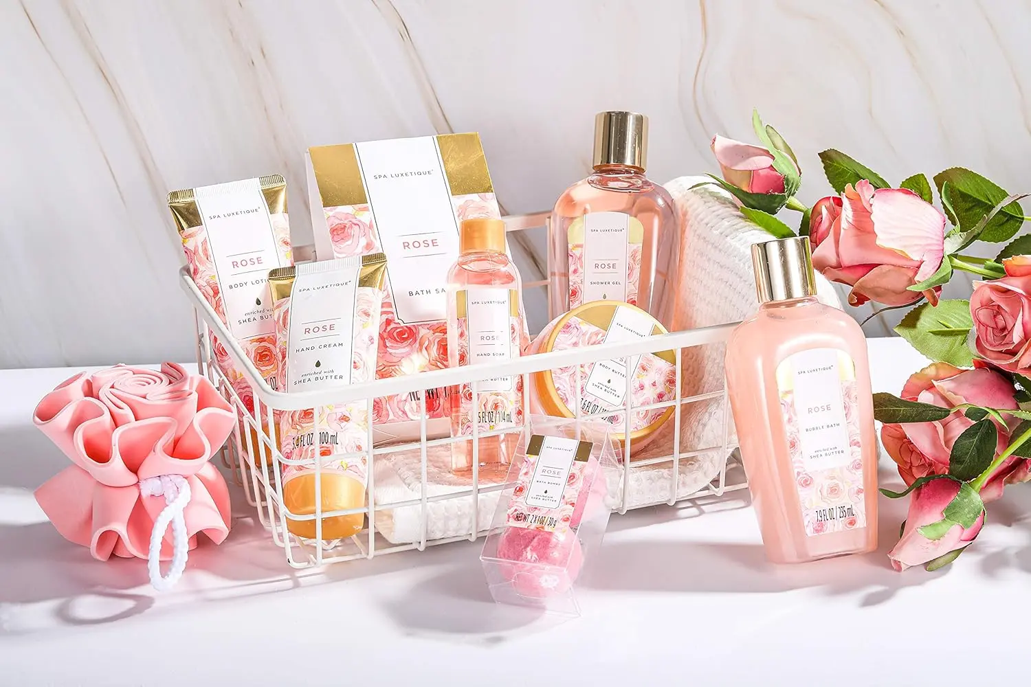 This 10-piece rose spa gift set for women is the perfect birthday gift, featuring sunflower and rose oil infused skincare items including bath bombs, lotion, and shower gel, all packaged in a high-value tote bag.