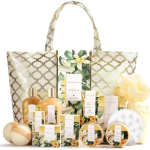 This 15-piece vanilla spa gift set for women includes bath bombs, lotions, and other natural bath and body products perfect for birthdays, Mother's Day, or anniversaries.