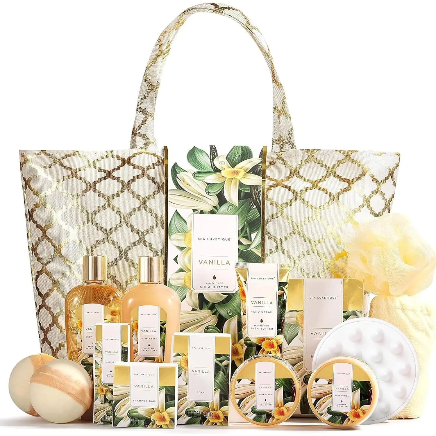 This 15-piece vanilla spa gift set for women includes bath bombs, lotions, and other natural bath and body products perfect for birthdays, Mother's Day, or anniversaries.