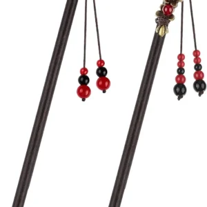 Two elegant wooden hair sticks with red flower and bead decorations, perfect for creating retro hairstyles.