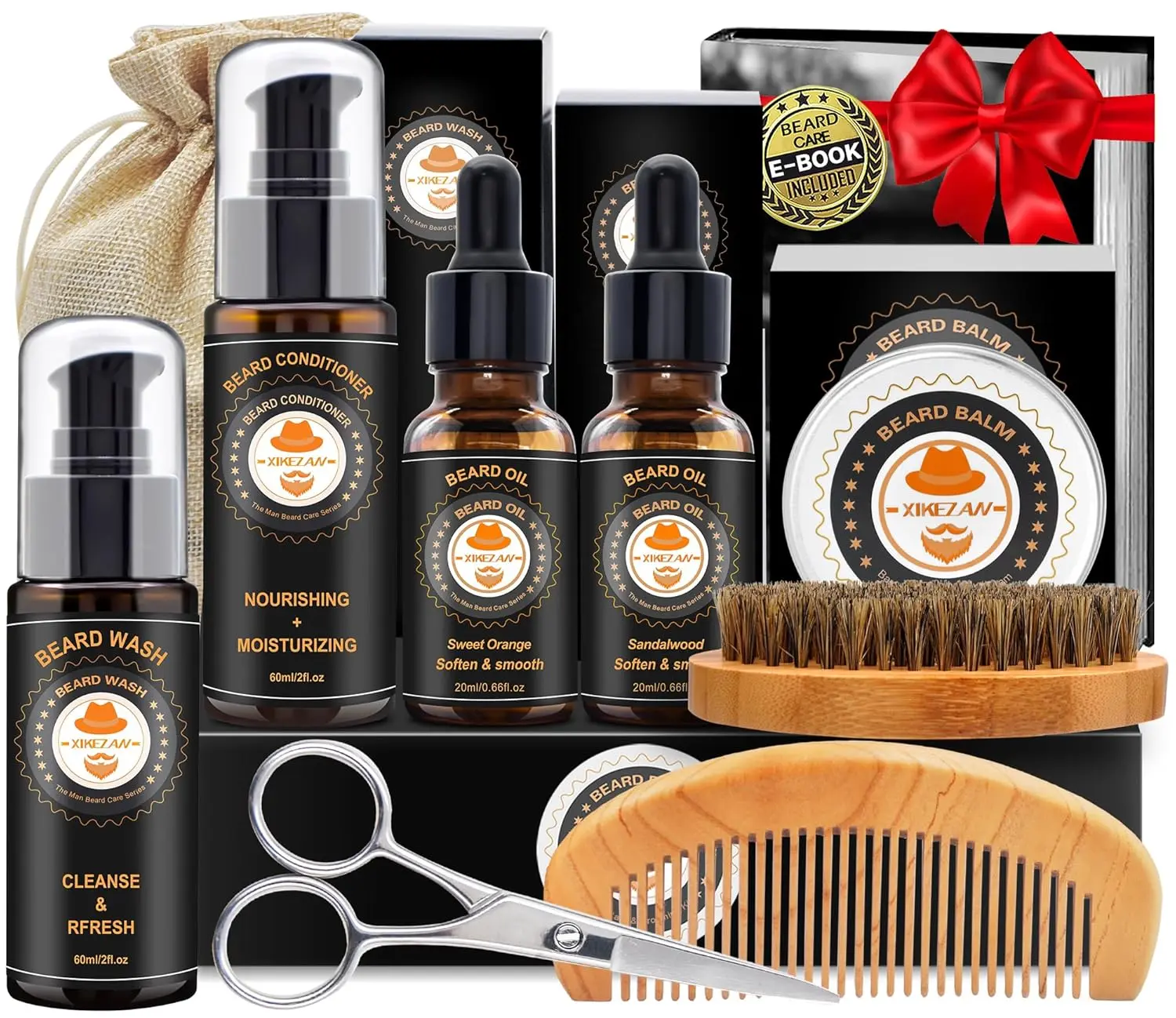 XIKEZAN 8 in 1 premium quality beard grooming kit with unscented oil, comb, balm, brush, scissors, and storage bag, packaged hygienically for beard care and growth.