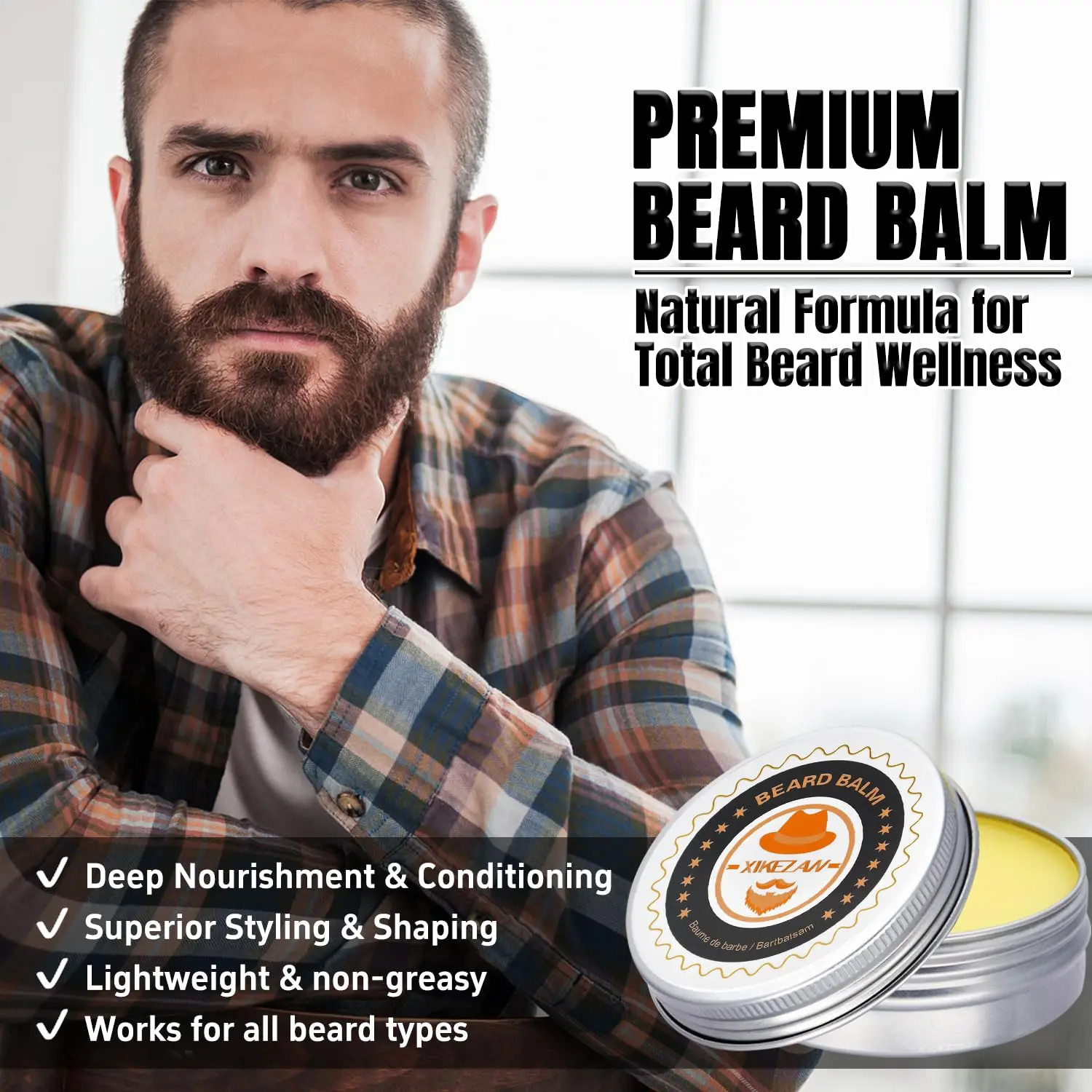 XIKEZAN 8 in 1 premium quality beard grooming kit with unscented oil, comb, balm, brush, scissors, and storage bag, packaged hygienically for beard care and growth.