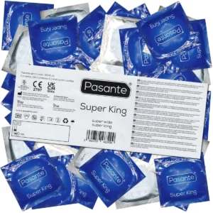 A large pack of Pasante Super King Size condoms, designed for a comfortable fit with non-spermicidal lubricant and safe for use with water and silicone-based lubricants.