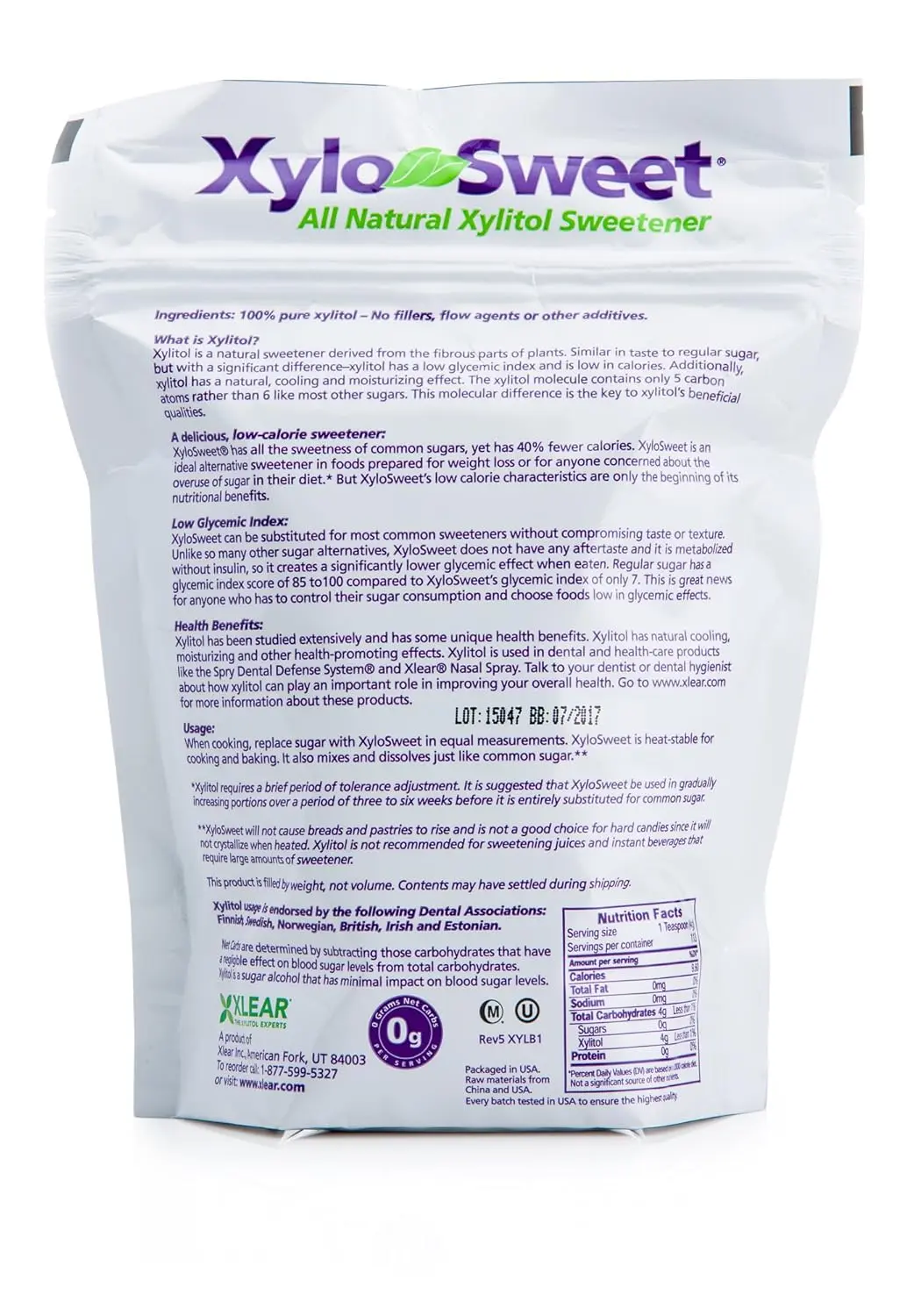 This is a 16oz bag of Xlear xylitol sweetener granules, hygienically packed and resealable, a non-GMO alternative to sugar.