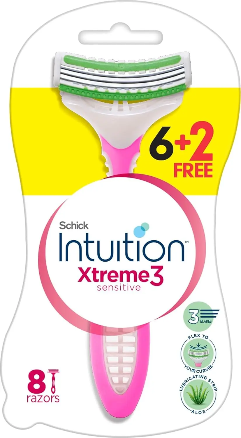 Schick Xtreme3 disposable razors for women with sensitive skin feature three flexible blades, aloe and jojoba lubricating strip, and ergonomic handle for a smooth shave.