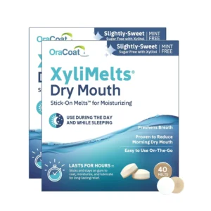 OraCoat XyliMelts mint-free melts help stimulate saliva production to moisturize and coat the mouth for hours while you sleep, reducing plaque, tooth decay, and freshening breath.