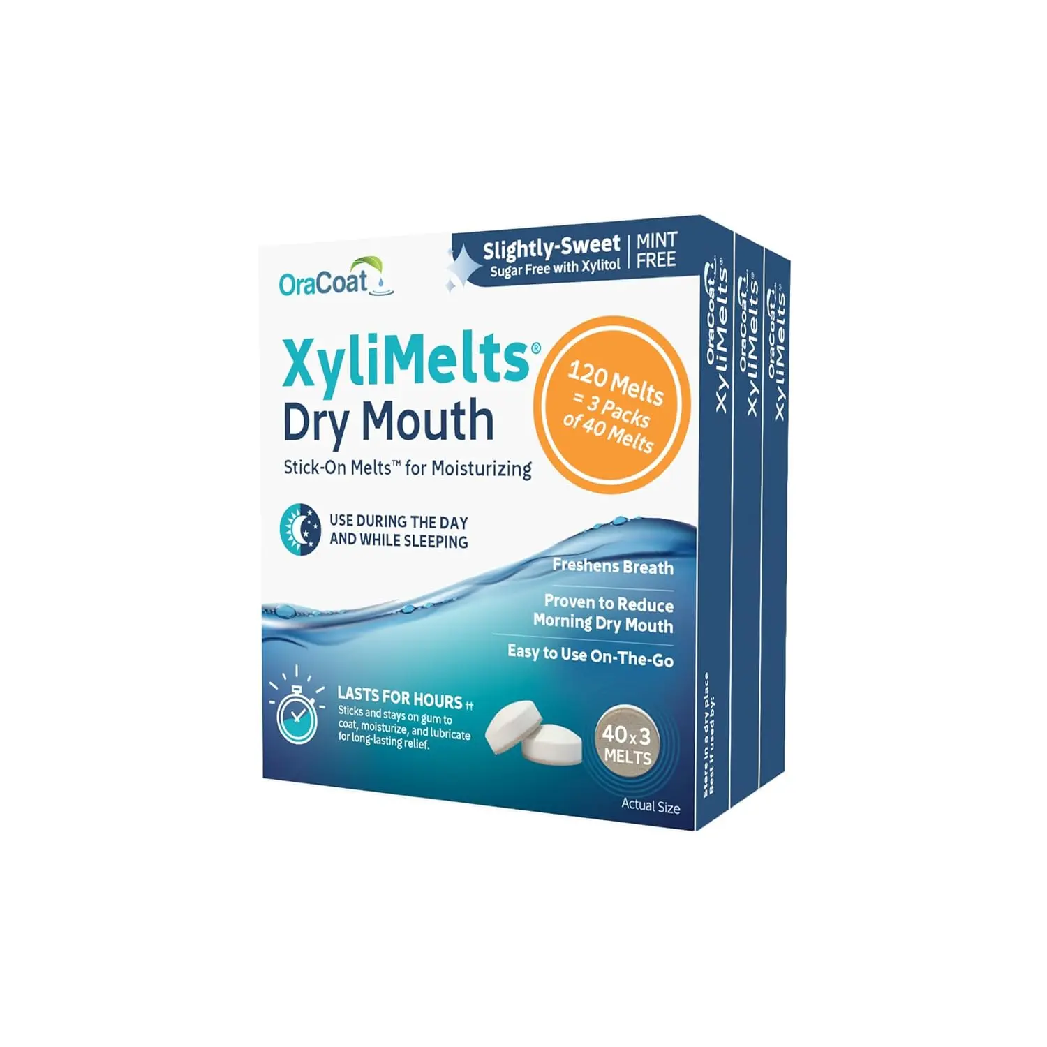 Three packs of Oracoat Orahealth Xylimelts mint free discs provide long-lasting, safe, and natural relief from dry mouth while freshening breath with a sweet xylitol flavor.