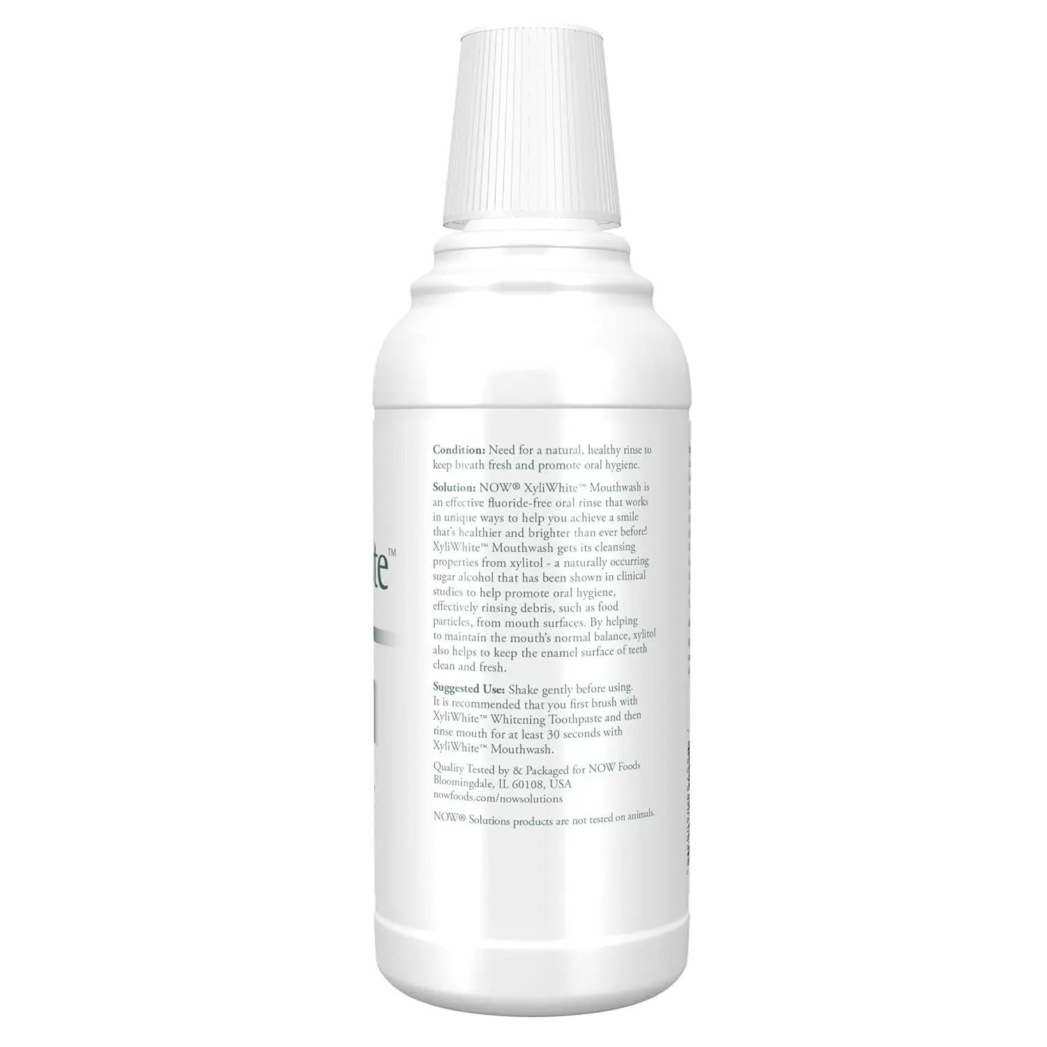 A bottle of NOW Xyliwhite Refreshmint mouthwash, a gluten and SLS-free dental care product that naturally freshens breath and cleanses teeth and gums with essential oils like peppermint and tea tree.