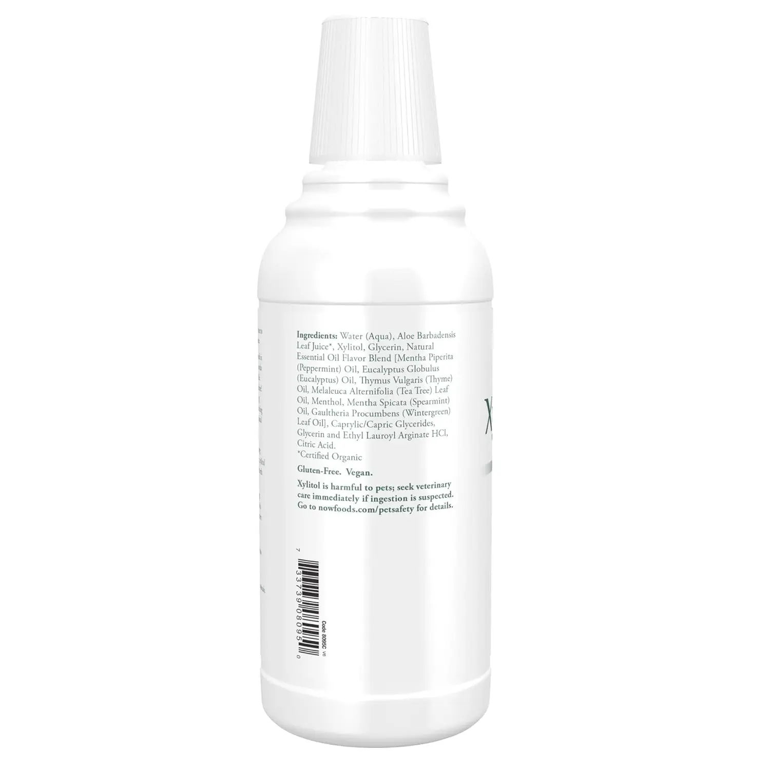 A bottle of NOW Xyliwhite Refreshmint mouthwash, a gluten and SLS-free dental care product that naturally freshens breath and cleanses teeth and gums with essential oils like peppermint and tea tree.
