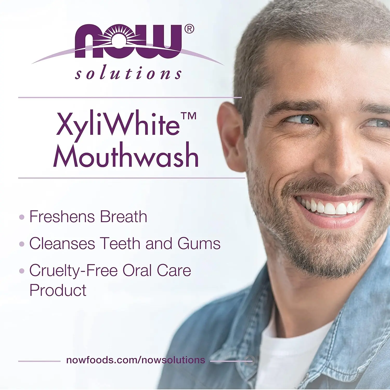 A bottle of NOW Xyliwhite Refreshmint mouthwash, a gluten and SLS-free dental care product that naturally freshens breath and cleanses teeth and gums with essential oils like peppermint and tea tree.