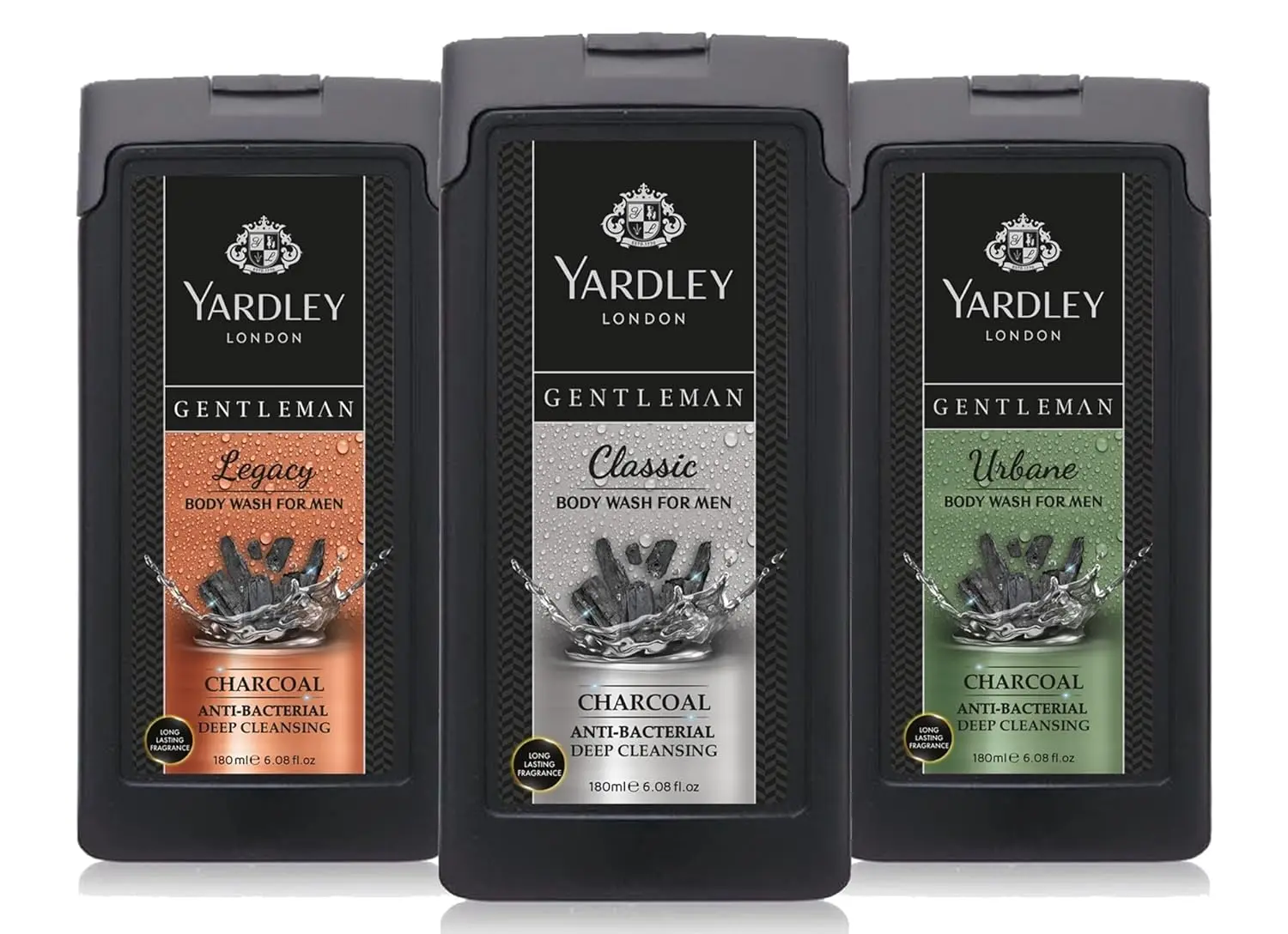 This pack of three Yardley Gentleman body washes provides a deep cleanse with antibacterial properties, featuring Classic and Legacy scents for a refreshed and revitalized skin.