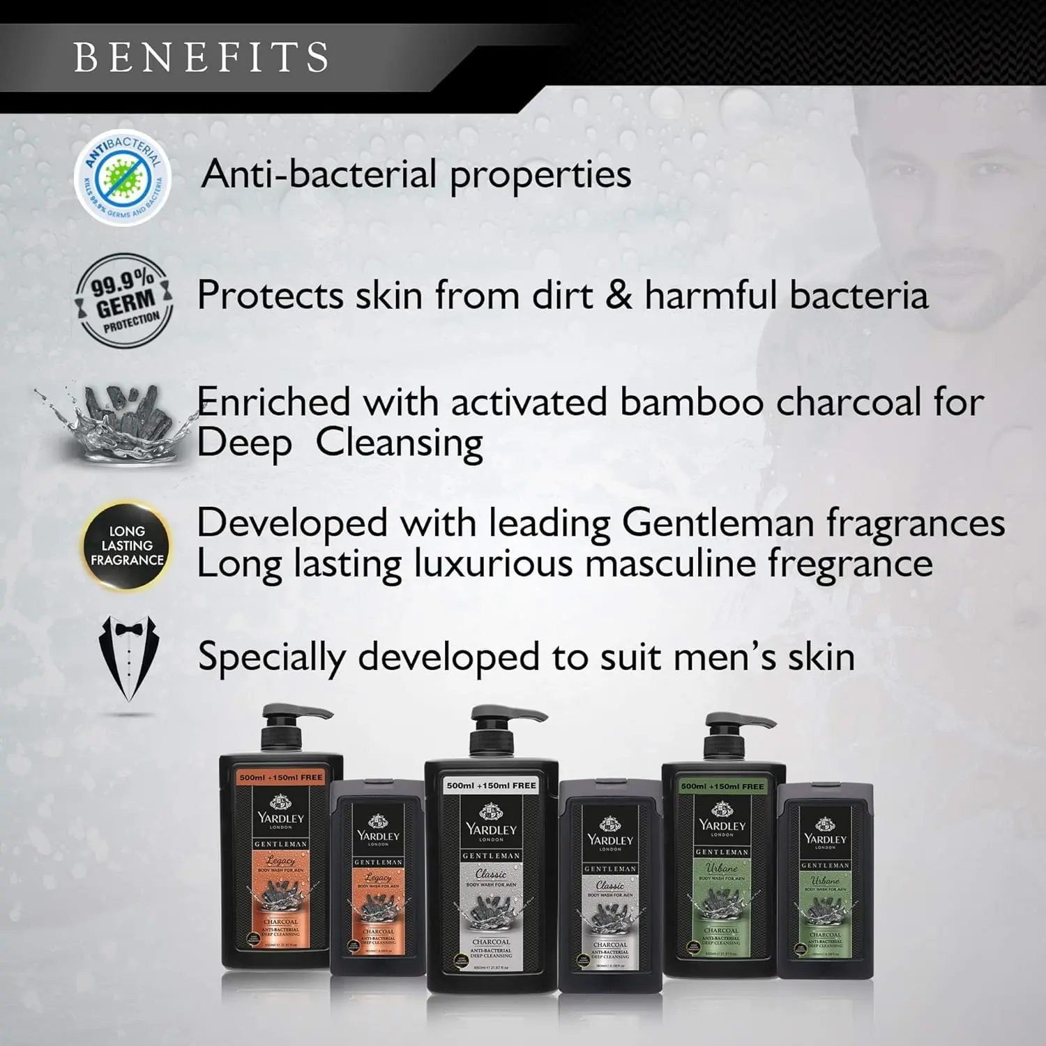 This pack of three Yardley Gentleman body washes provides a deep cleanse with antibacterial properties, featuring Classic and Legacy scents for a refreshed and revitalized skin.