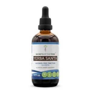 This image shows a bottle of Yerba Santa alcohol-free liquid extract, a natural herbal supplement made in the USA with wildcrafted Eriodictyon Californicum dried leaf.