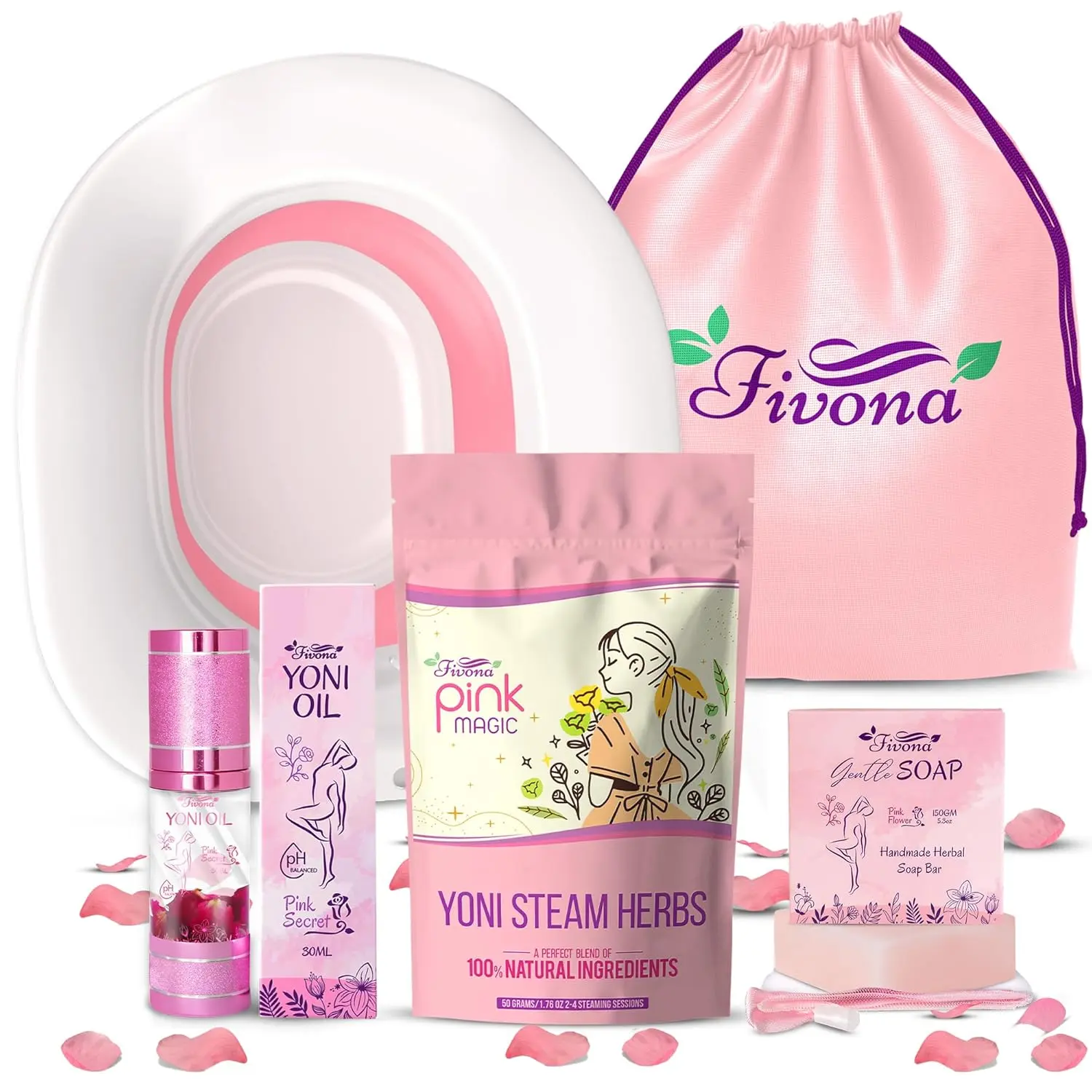 Fivona yoni care kit includes a sitz bath seat, Pink Magic yoni steam herbs, feminine oil, herbal soap, and storage bag for natural feminine care.