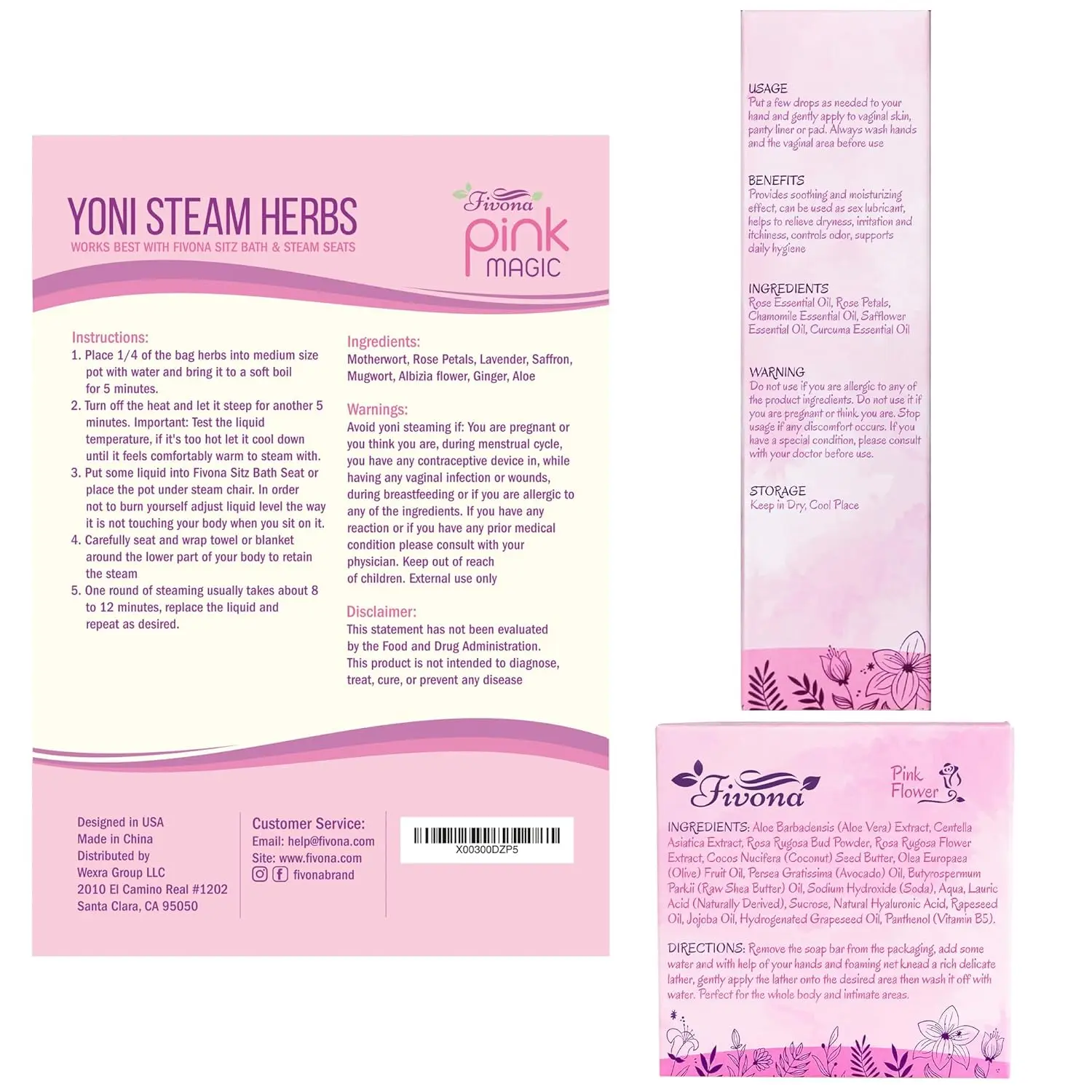 Fivona yoni care kit includes a sitz bath seat, Pink Magic yoni steam herbs, feminine oil, herbal soap, and storage bag for natural feminine care.